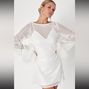 Lulu's White Long Sleeve Dress with Feather Accents